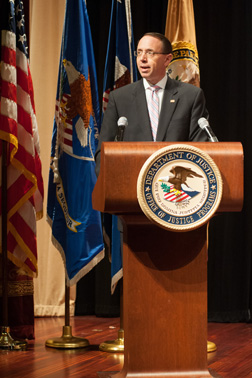 Deputy Attorney General Rod J. Rosenstein speaks at the 2019 National Crime Victims' Service Awards Ceremony.