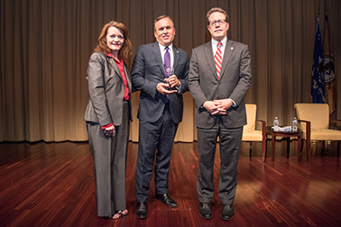 Ronald Wilson Reagan Public Policy Award recipient Casey Gwinn with (from left) OVC Director Darlene Hutchinson and Principal Deputy Assistant Attorney General for the Office of Justice Programs Alan Hanson.