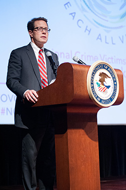 Principal Deputy Assistant Attorney General for the Office of Justice Programs Alan Hanson introduces U.S. Attorney General Jeff Sessions at the 2018 National Crime Victims' Service Awards Ceremony.
