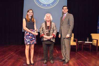 Tomorrow’s Leaders Award  recipient Maya Weinstein with (from left) Acting OVC Director Marilyn McCoy Roberts and Acting Associate Attorney General Jesse Panuccio.