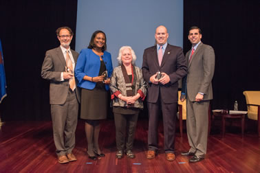 The Blackwater Services Team receives the Federal Service Award at the National Crime Victim Service Awards. Pictured from left: Dr. John Iskander, Jelahn Stewart, Acting OVC Director Marilyn McCoy Roberts, Peter Jurack, and Acting Associate Attorney General Jesse Panuccio.
