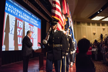 The presentation of the colors by the Joint Armed Forces Color Guard at the 2017 National Crime Victims’ Service Awards Ceremony.