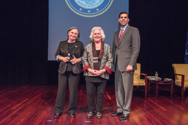 Ronald Wilson Reagan Public Policy Award recipient Diane Moyer, Esq. with (from left) Acting OVC Director Marilyn McCoy Roberts and Acting Associate Attorney General Jesse Panuccio.
