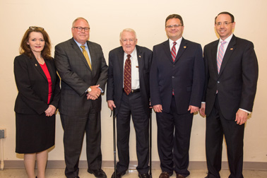 Pictured from left: Darlene Hutchinson, Director, Office for Victims of Crime; Michael Costigan, Senior Advisor, Office of Justice Programs; Edwin Meese III, 75th Attorney General of the United States; Matt M. Dummermuth, Principal Deputy Assistant Attorney General, Office of Justice Programs; and Rod J. Rosenstein, Deputy Attorney General of the United States, prior to the 2019 National Crime Victims' Service Awards Ceremony.