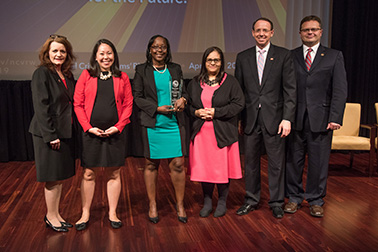 The San Mateo County Elder and Dependent Adult Protection Team receives the Crime Victims Financial Restoration Award. Pictured from left: OVC Director Darlene Hutchinson, Nicole Sato, Shannon Morgan, Nicole Fernandez, Deputy Attorney General Rod J. Rosenstein, and Principal Deputy Assistant Attorney General for the Office of Justice Programs Matt M. Dummermuth.