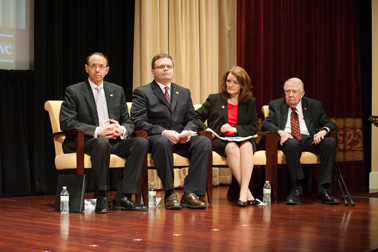 Deputy Attorney General Rod J. Rosenstein, Principal Deputy Assistant Attorney General Matt M. Dummermuth, OVC Director Darlene Hutchinson, and Edwin Meese III, 75th Attorney General of the United States, onstage at the 2019 National Crime Victims' Service Awards Ceremony.