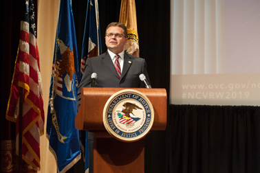 Principal Deputy Assistant Attorney General for the Office of Justice Programs Matt M. Dummermuth speaks at the 2019 National Crime Victims' Service Awards Ceremony.