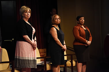 Joye E. Frost, Director, Office for Victims of Crime; Karol V. Mason, Assistant Attorney General; and Attorney General Loretta E. Lynch stand for the National Anthem at the National Crime Victims’ Service Awards Ceremony.