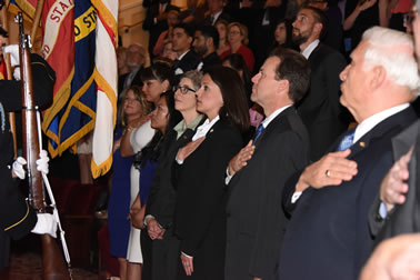 The 2016 National Crime Victims' Service Awards recipients watch the presentation of the colors by the U.S. Armed Forces Color Guard at the National Crime Victims’ Service Awards Ceremony.