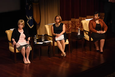 Joye E. Frost, Director, Office for Victims of Crime; Karol V. Mason, Assistant Attorney General; and Attorney General Loretta E. Lynch onstage at the National Crime Victims’ Service Awards Ceremony.