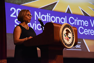 Assistant Attorney General Karol V. Mason addresses attendees at the National Crime Victims’ Service Awards Ceremony.