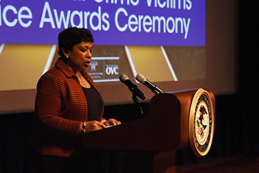 Attorney General Loretta E. Lynch addresses attendees at the National Crime Victims’ Service Awards Ceremony.