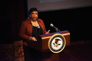 Attorney General Loretta E. Lynch addresses attendees at the National Crime Victims’ Service Awards Ceremony.