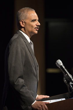Photo of Attorney General Eric H. Holder, Jr. addressing attendees at the National Crime Victims’ Service Awards Ceremony.