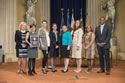 Photo of Natalia Marlow Otero, Andrea Sledd, Elisabeth Olds, Jennifer Wesberry, and Baylis Beard accept the National Crime Victim Service Award for DC SAFE, with Joye E. Frost, Director, Office for Victims of Crime; Karol V. Mason, Assistant Attorney General, Office of Justice Programs; and Associate Attorney General Tony West.