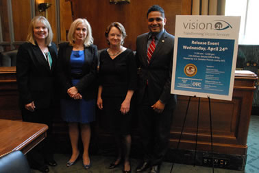 Katie Ray-Jones, President of the National Domestic Violence Hotline, William Kellibrew, President of the William Kellibrew Foundation, Mary Lou Leary, Acting Assistant Attorney General, Office of Justice Programs, and Joye Frost, Principal Deputy Director, Office for Victims of Crime, present at the Capitol Hill release event for the Vision 21: Transforming Victim Services Framework held on April 24, 2013.