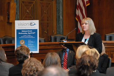 Katie Ray-Jones, President of the National Domestic Violence Hotline, delivers remarks about the Vision 21 initiative at the April 24, 2013 release event.