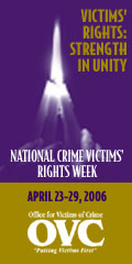 Vertical banner for National Crime Victims' Rights Week April 23-29, 2006, showing this year's theme: Victims' Rights Strength in Unity, illustrated by an image of tight group of hands holding candles toward the center to form a single, strong flame. Sponsored by OVC.