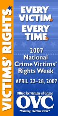 Vertical banner for National Crime Victims' Rights Week April 22-28, 2007, showing this year’s theme: Victims' Rights. Every Victim. Every Time. Sponsored by OVC.